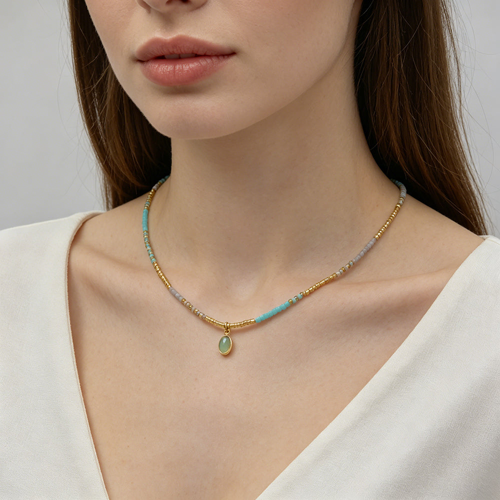 Summer Color Blocking Miyuki Beads Plate Gold Brass CZ Pendant Necklace