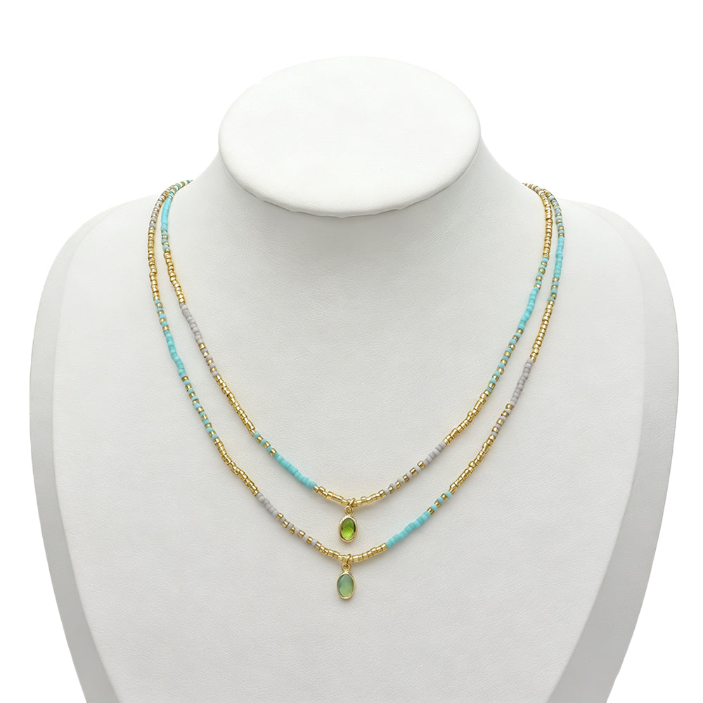 Summer Color Blocking Miyuki Beads Plate Gold Brass CZ Pendant Necklace