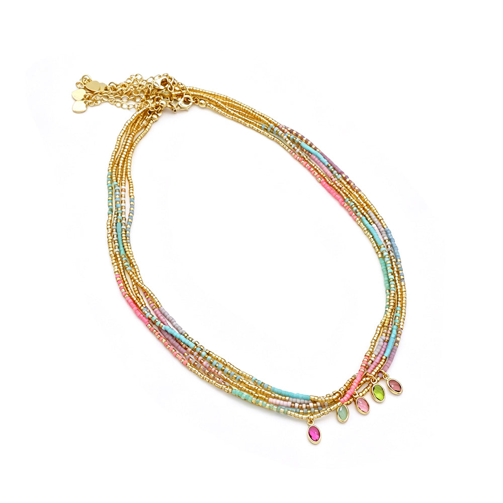 Summer Color Blocking Miyuki Beads Plate Gold Brass CZ Pendant Necklace