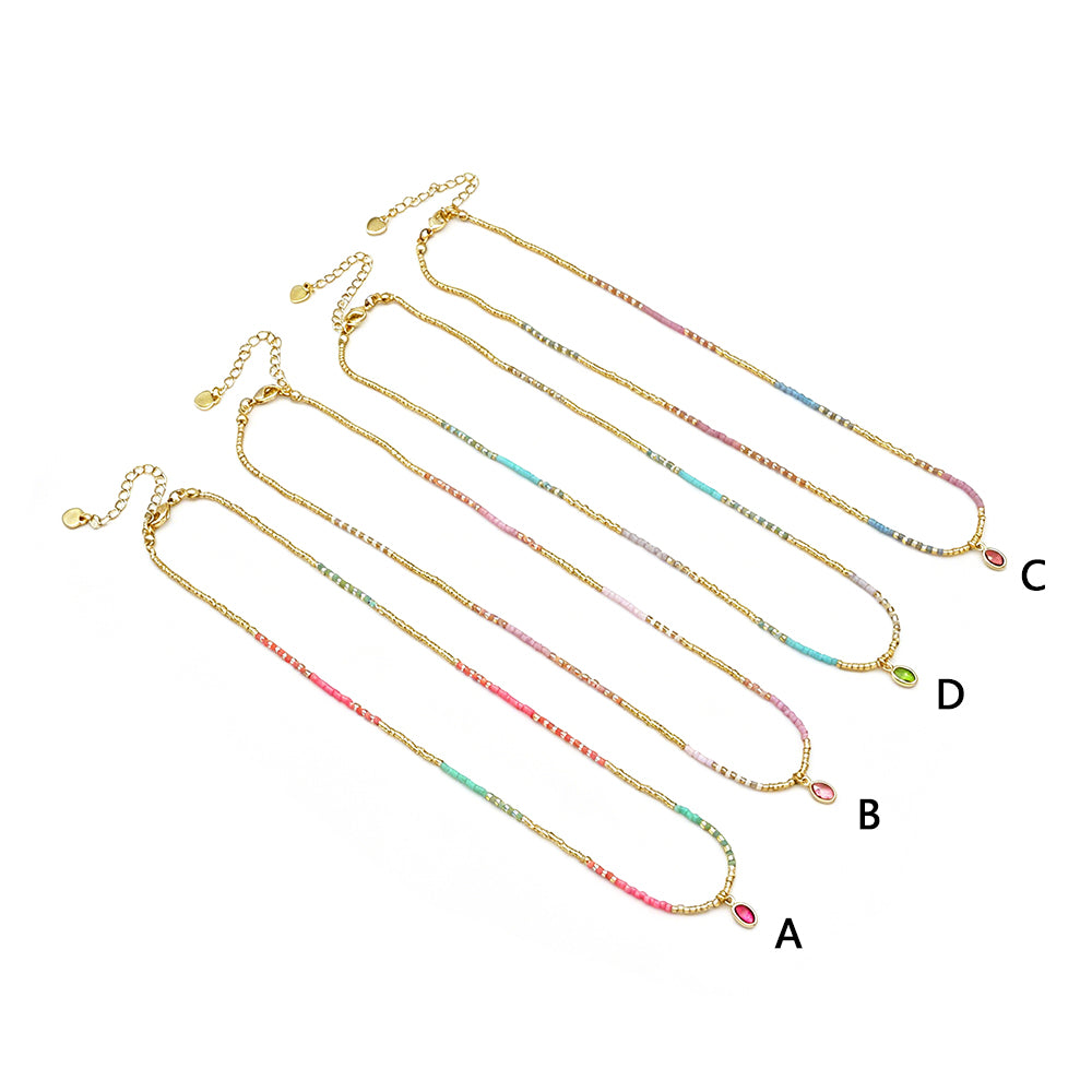 Summer Color Blocking Miyuki Beads Plate Gold Brass CZ Pendant Necklace