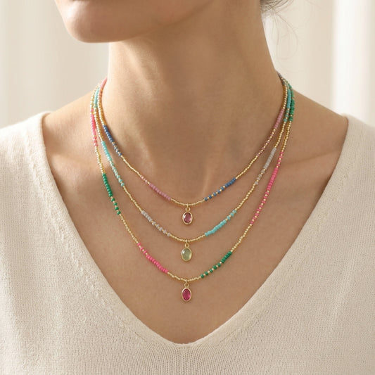 Summer Color Blocking Miyuki Beads Plate Gold Brass CZ Pendant Necklace