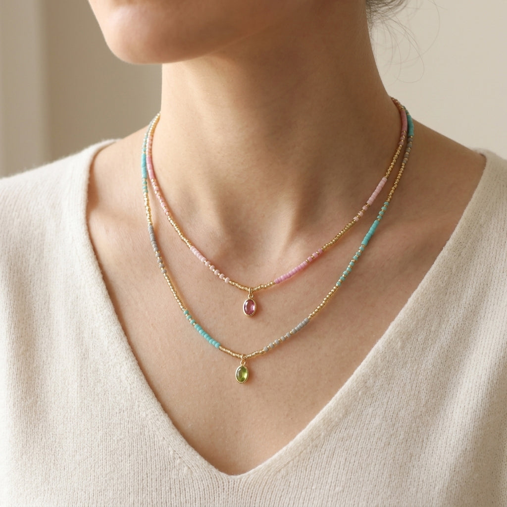 Summer Color Blocking Miyuki Beads Plate Gold Brass CZ Pendant Necklace