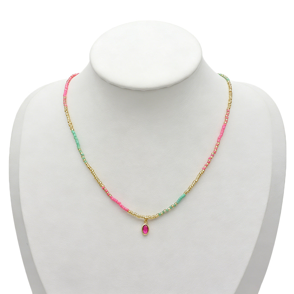 Summer Color Blocking Miyuki Beads Plate Gold Brass CZ Pendant Necklace
