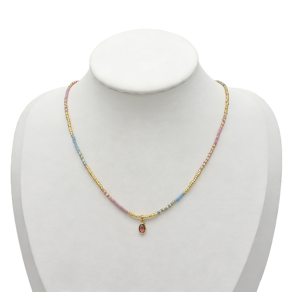 Summer Color Blocking Miyuki Beads Plate Gold Brass CZ Pendant Necklace