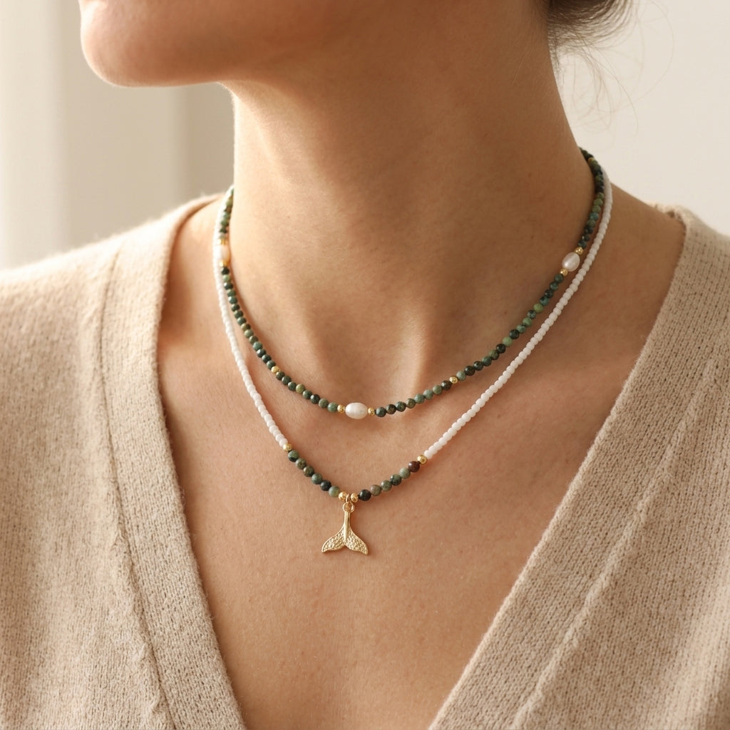 Handmade Natural African Turquoise Beads Miyuki Fresh Water Pearl Whale Tail Pendant Necklace Set