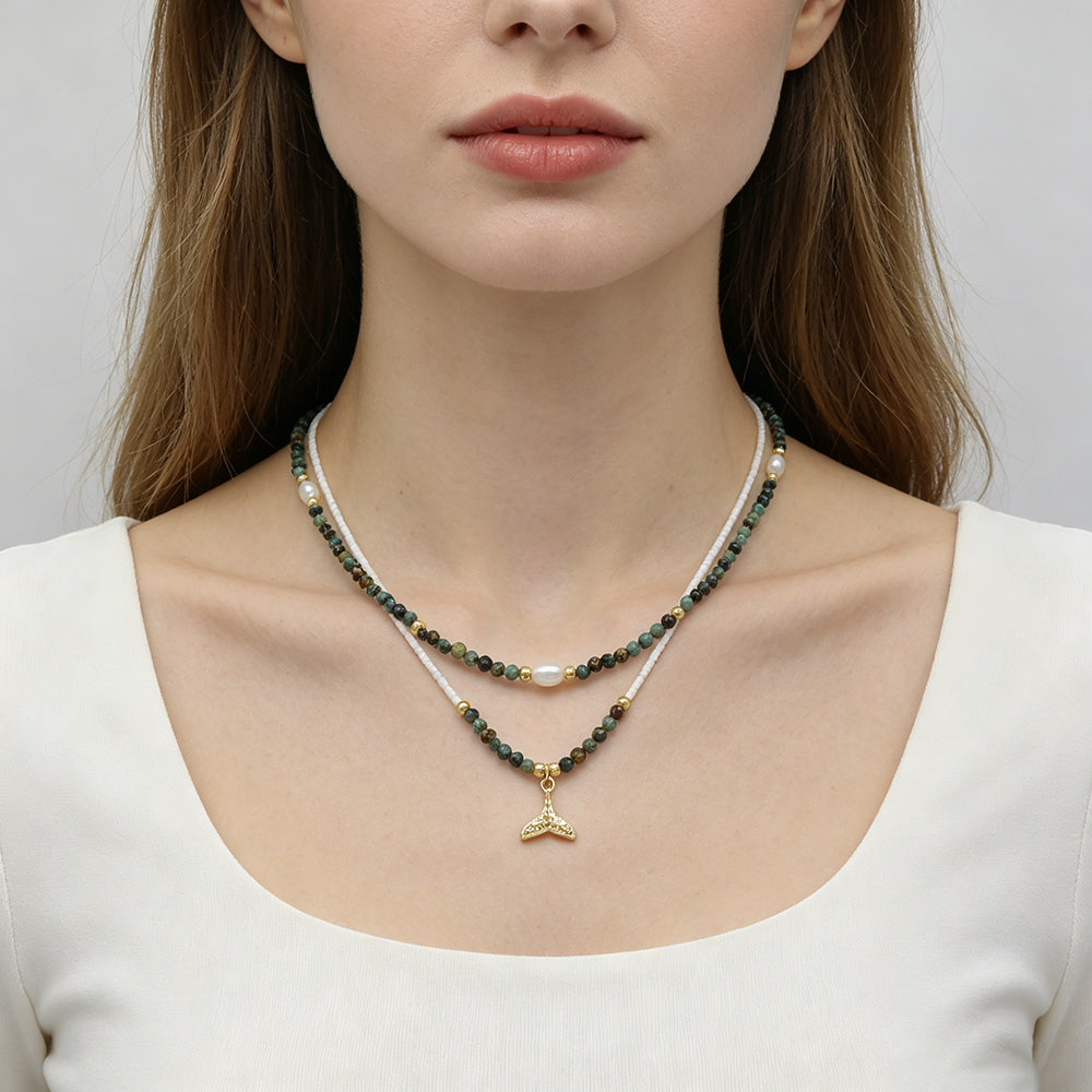 Handmade Natural African Turquoise Beads Miyuki Fresh Water Pearl Whale Tail Pendant Necklace Set