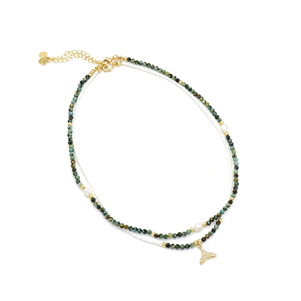 Handmade Natural African Turquoise Beads Miyuki Fresh Water Pearl Whale Tail Pendant Necklace Set