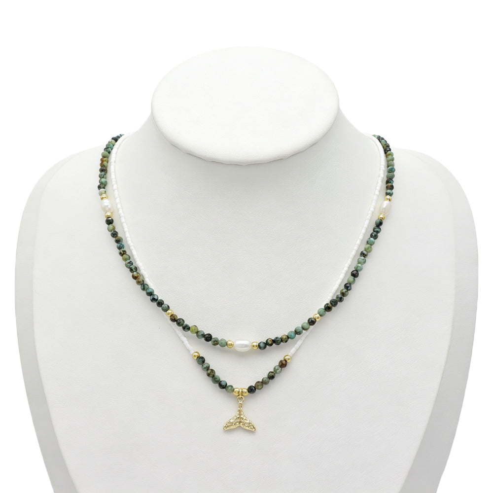 Handmade Natural African Turquoise Beads Miyuki Fresh Water Pearl Whale Tail Pendant Necklace Set