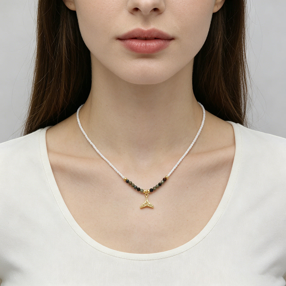 Handmade Natural African Turquoise Beads Miyuki Fresh Water Pearl Whale Tail Pendant Necklace Set