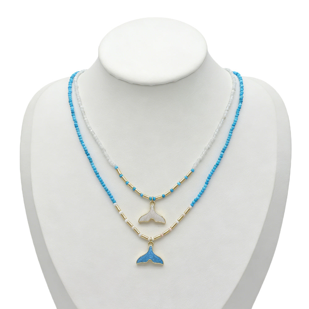 Handmade Natural Blue Turquoise Blue Moonstone Beads Whale Tail Pendant Necklace