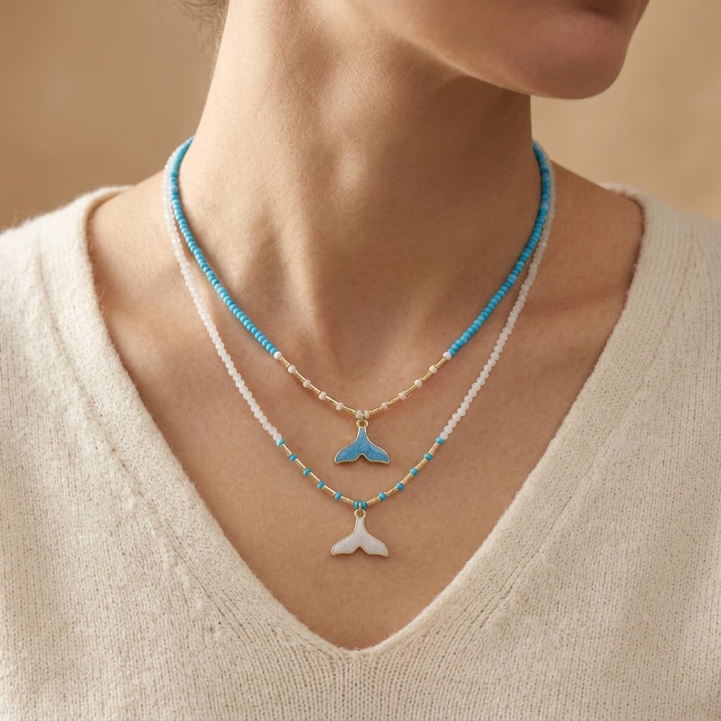 Handmade Natural Blue Turquoise Blue Moonstone Beads Whale Tail Pendant Necklace