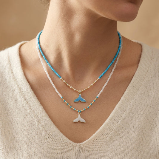 Handmade Natural Blue Turquoise Blue Moonstone Beads Whale Tail Pendant Necklace