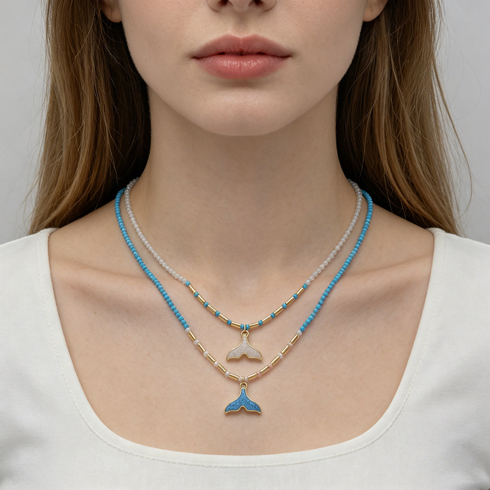 Handmade Natural Blue Turquoise Blue Moonstone Beads Whale Tail Pendant Necklace