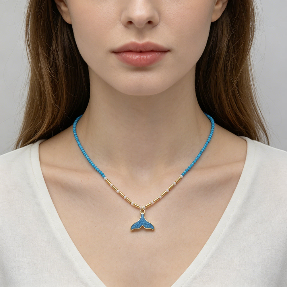 Handmade Natural Blue Turquoise Blue Moonstone Beads Whale Tail Pendant Necklace