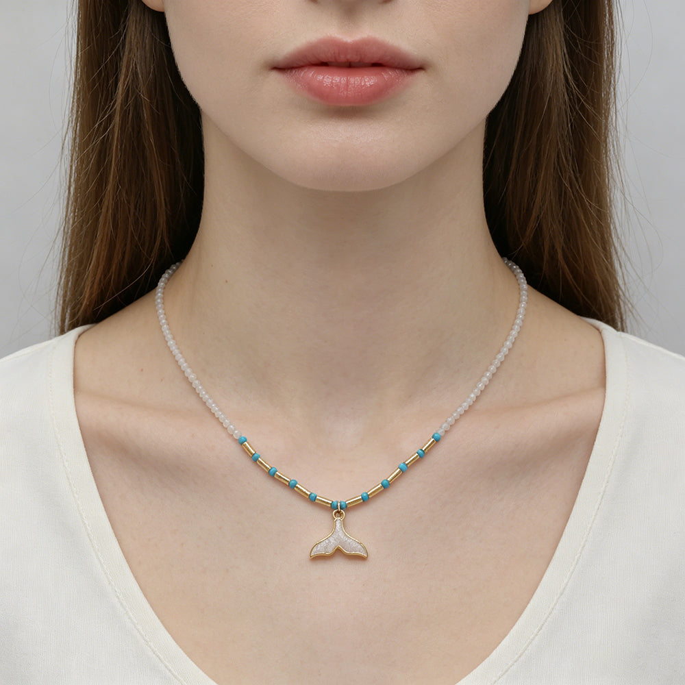 Handmade Natural Blue Turquoise Blue Moonstone Beads Whale Tail Pendant Necklace
