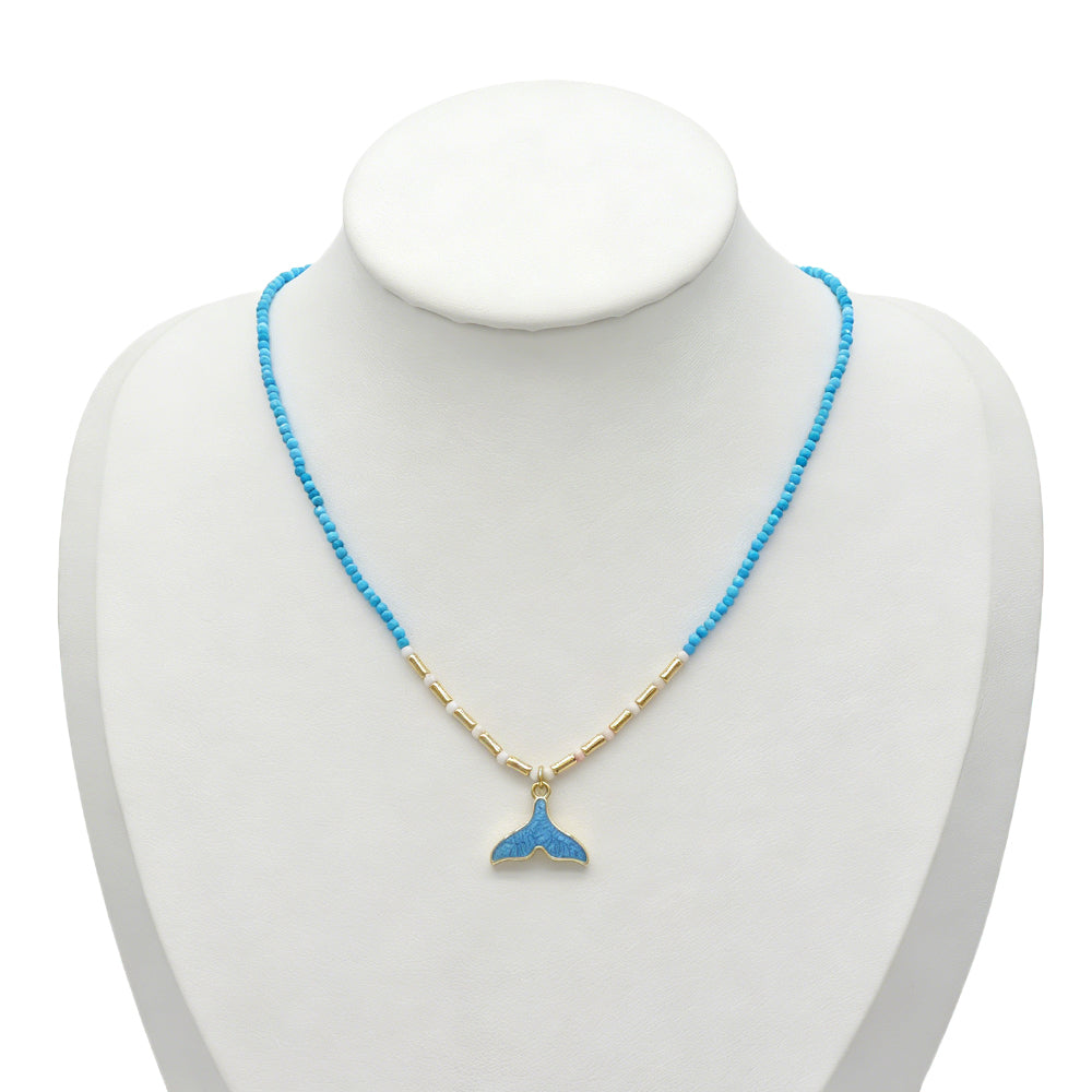 Handmade Natural Blue Turquoise Blue Moonstone Beads Whale Tail Pendant Necklace
