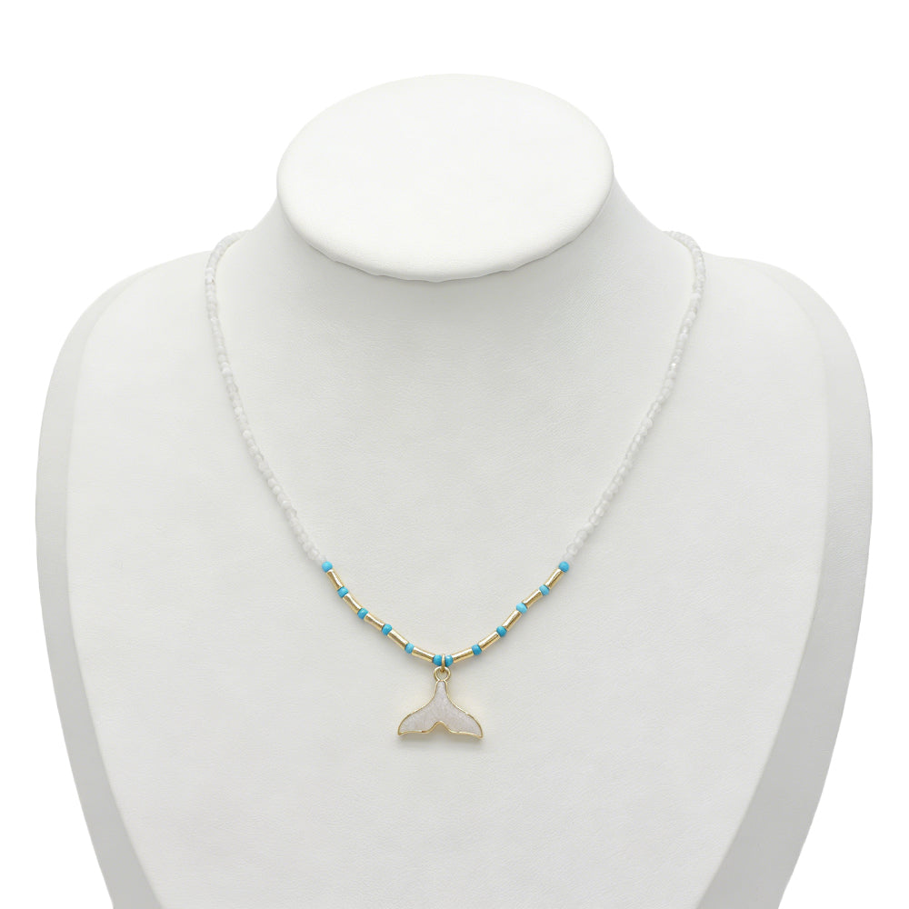 Handmade Natural Blue Turquoise Blue Moonstone Beads Whale Tail Pendant Necklace