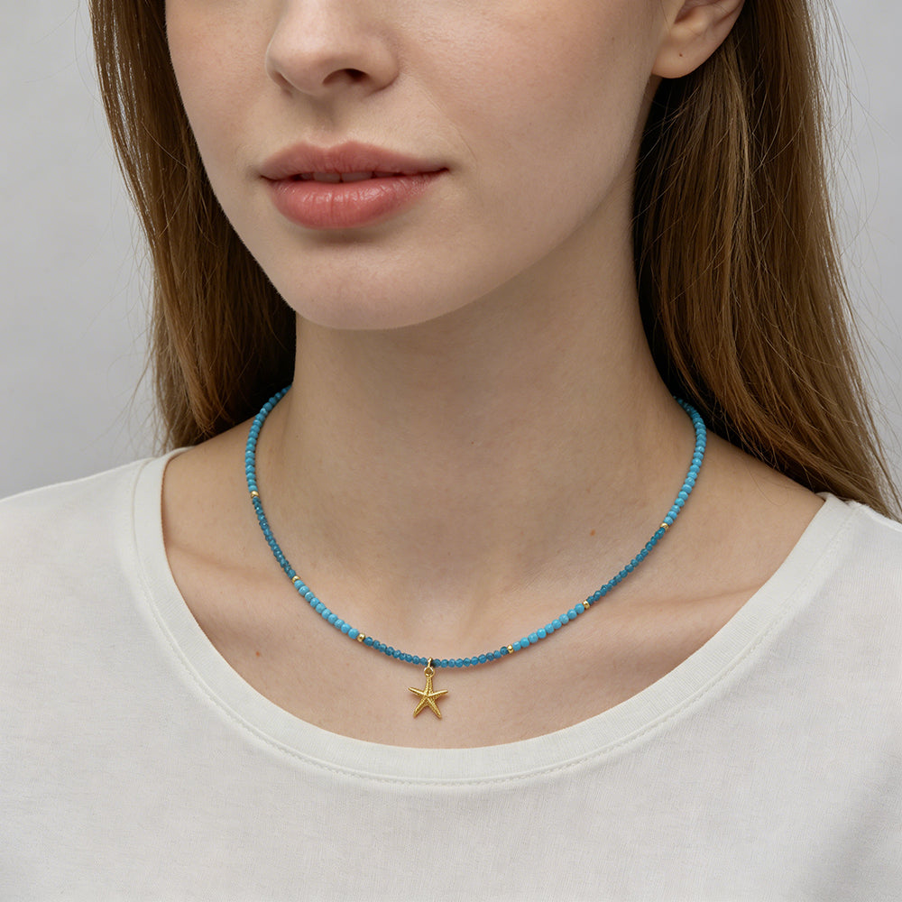 Handmade Natural Turquoise Blue Apatite Beads Ocean Beach Starfish Turtle Coral Pendant Necklace