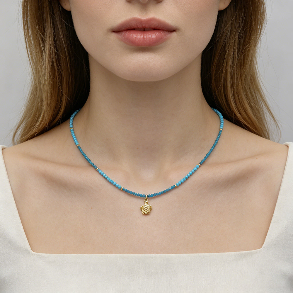 Handmade Natural Turquoise Blue Apatite Beads Ocean Beach Starfish Turtle Coral Pendant Necklace
