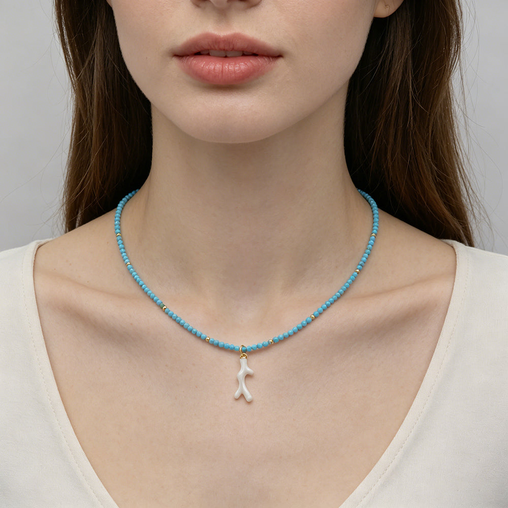 Handmade Natural Turquoise Blue Apatite Beads Ocean Beach Starfish Turtle Coral Pendant Necklace