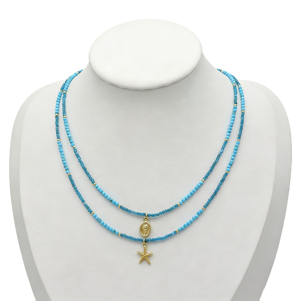 Handmade Natural Turquoise Blue Apatite Beads Ocean Beach Starfish Turtle Coral Pendant Necklace