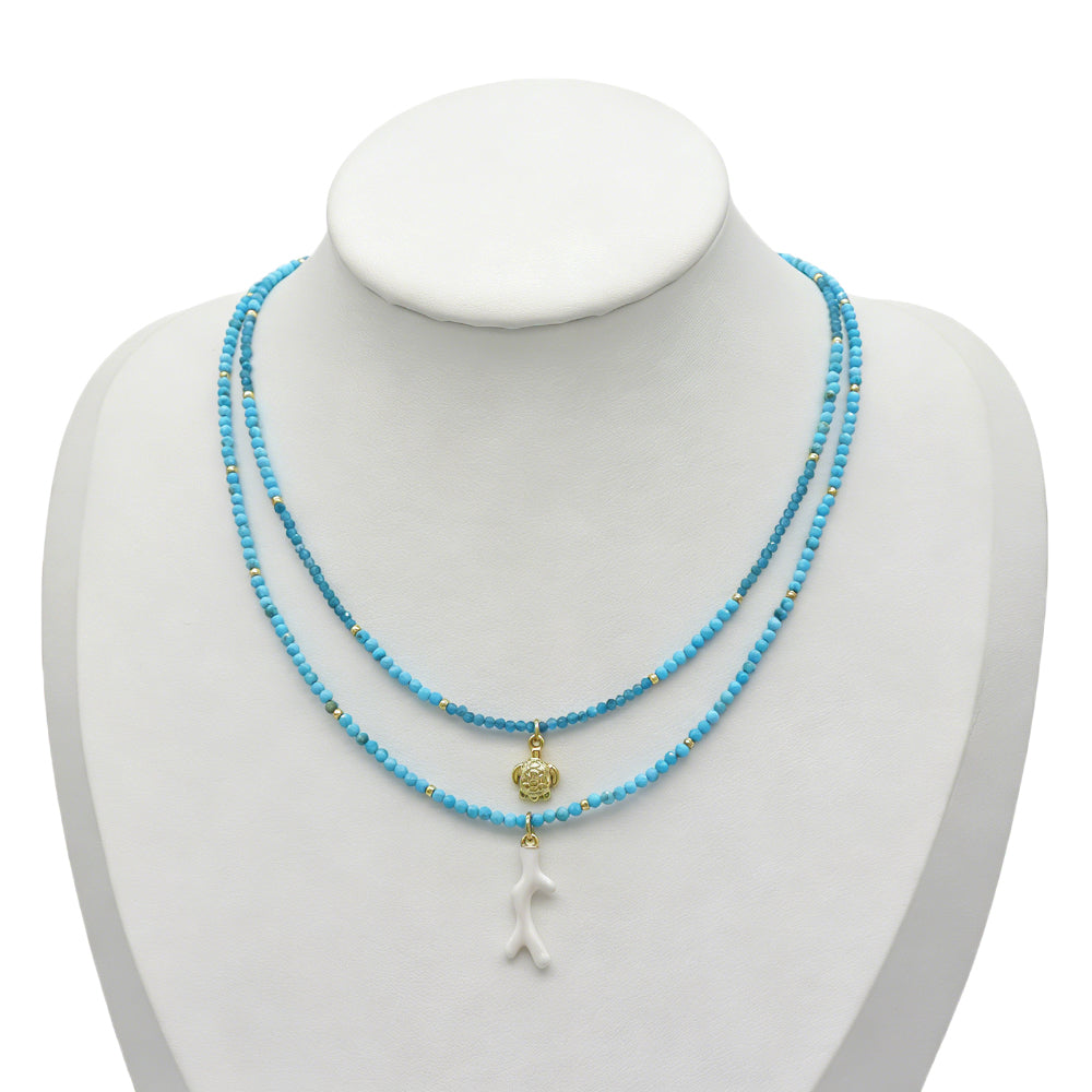 Handmade Natural Turquoise Blue Apatite Beads Ocean Beach Starfish Turtle Coral Pendant Necklace
