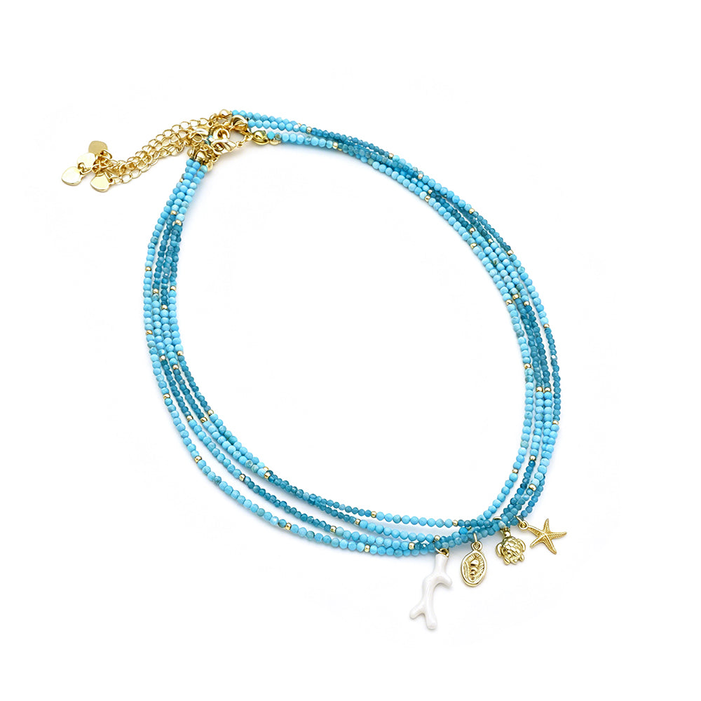 Handmade Natural Turquoise Blue Apatite Beads Ocean Beach Starfish Turtle Coral Pendant Necklace