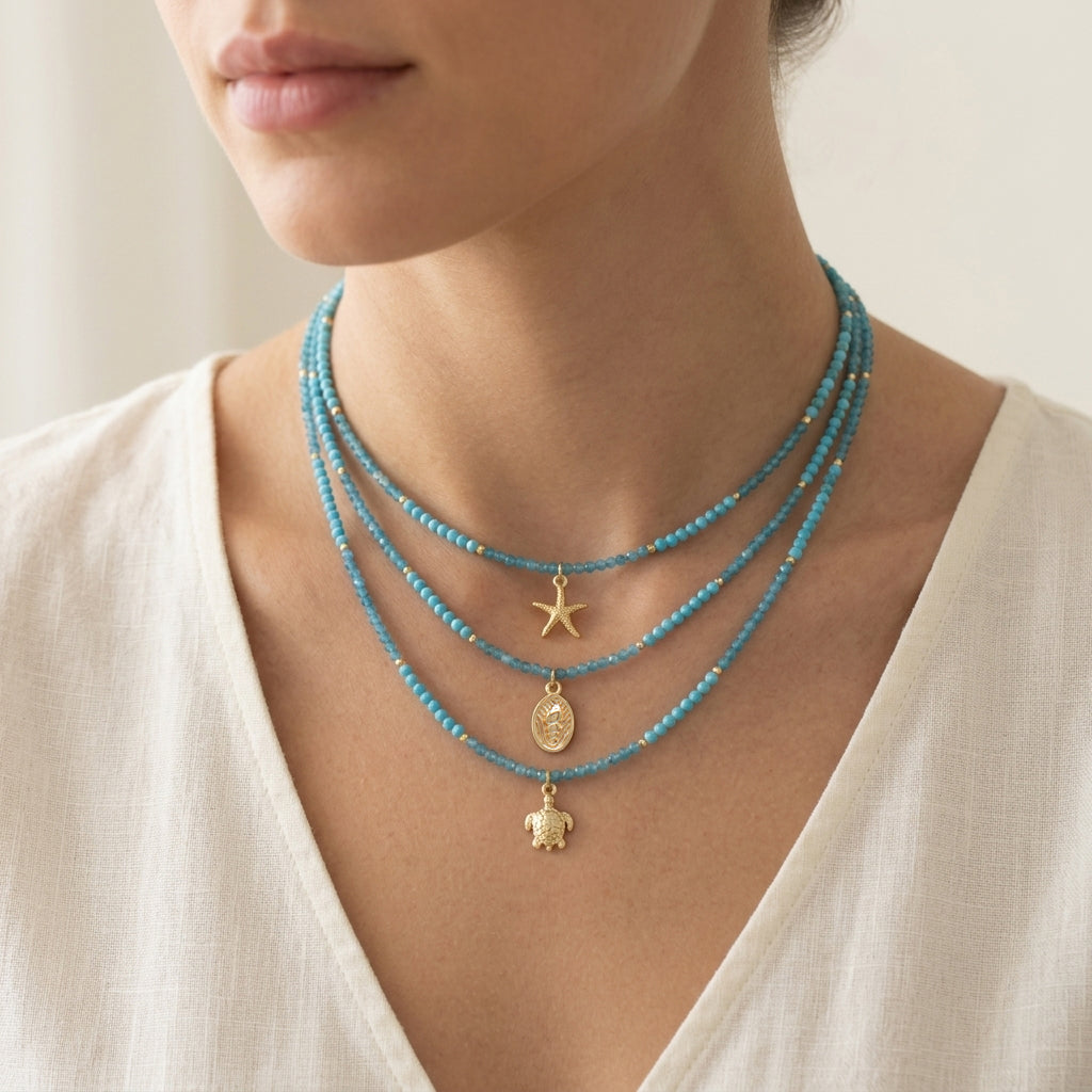 Handmade Natural Turquoise Blue Apatite Beads Ocean Beach Starfish Turtle Coral Pendant Necklace