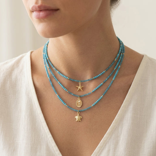 Handmade Natural Turquoise Blue Apatite Beads Ocean Beach Starfish Turtle Coral Pendant Necklace