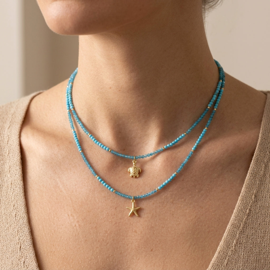Handmade Natural Turquoise Blue Apatite Beads Ocean Beach Starfish Turtle Coral Pendant Necklace