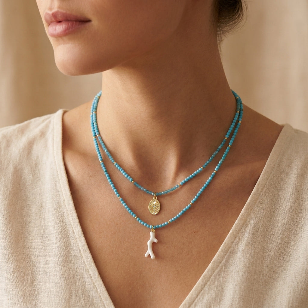 Handmade Natural Turquoise Blue Apatite Beads Ocean Beach Starfish Turtle Coral Pendant Necklace