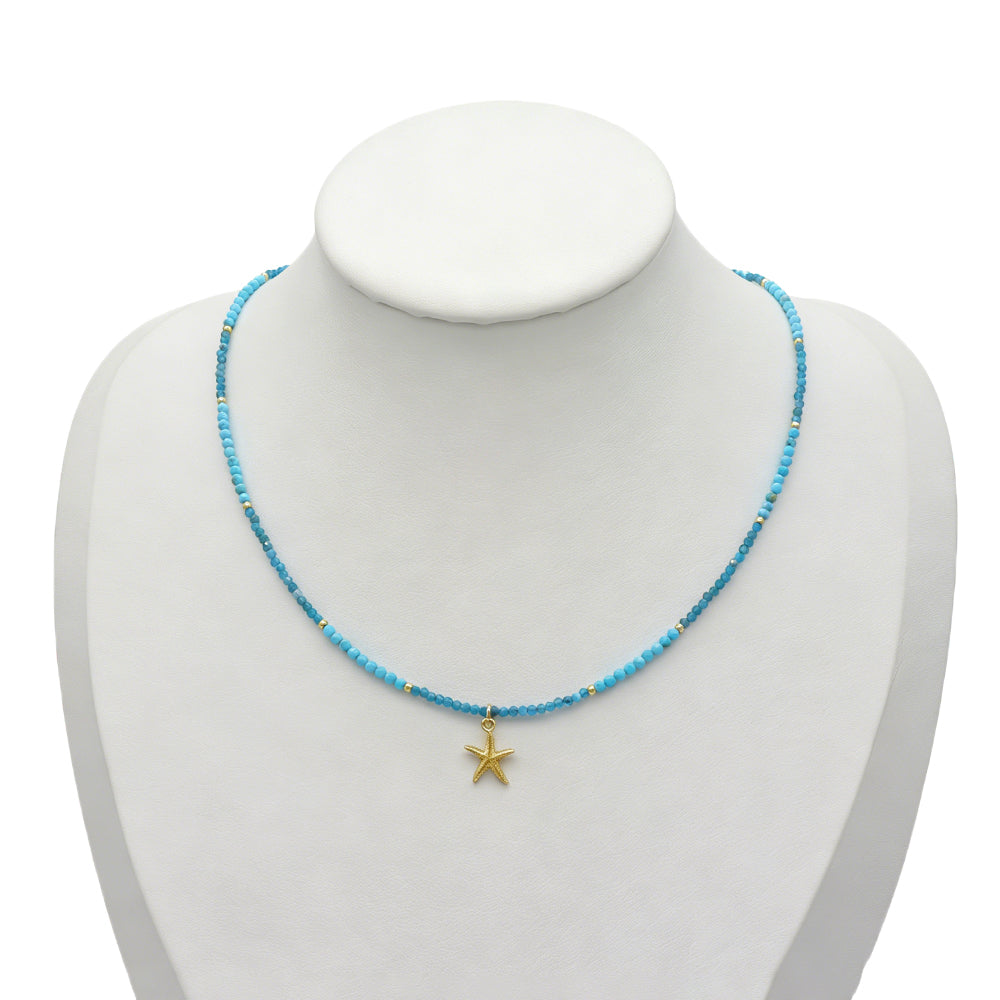Handmade Natural Turquoise Blue Apatite Beads Ocean Beach Starfish Turtle Coral Pendant Necklace