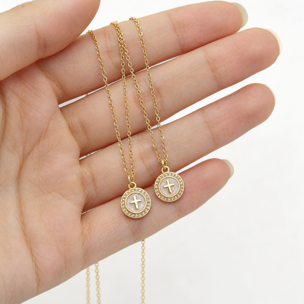 Plating Gold Cross Enamel Pendant Chain Necklace