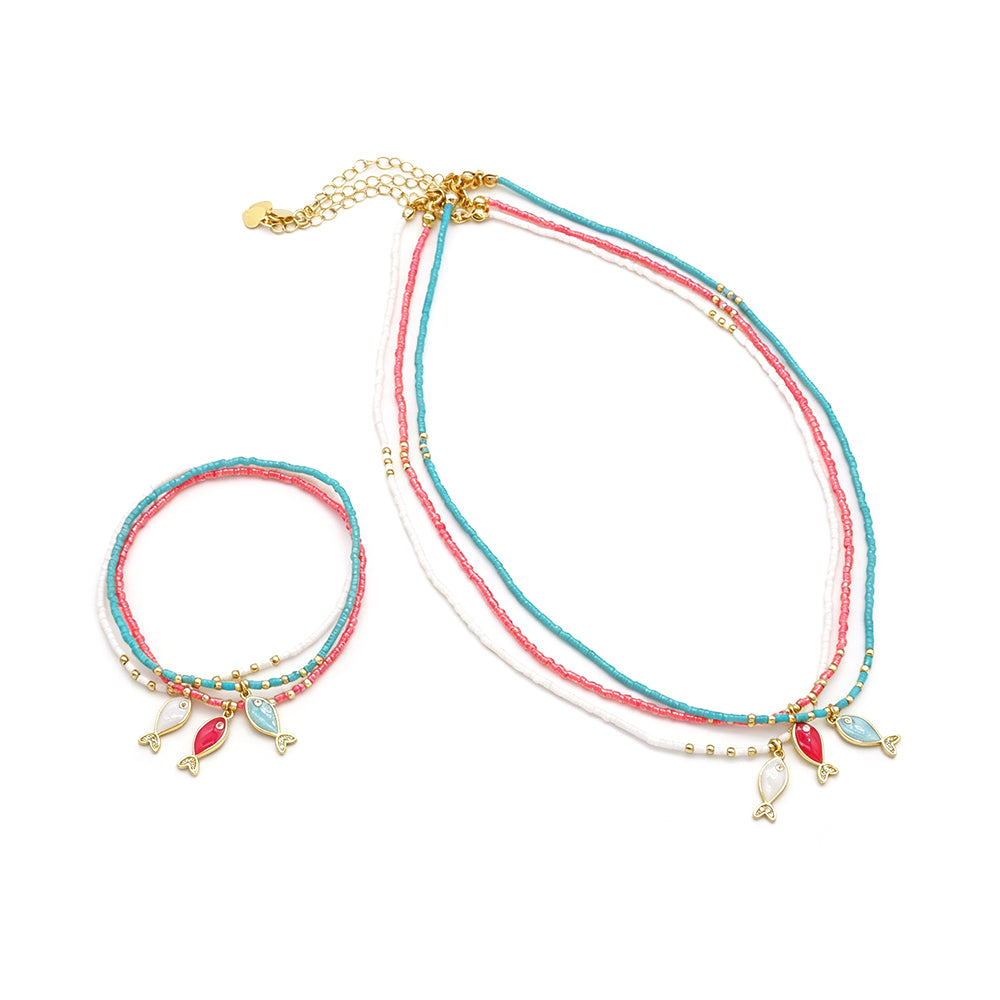 Handmade Brass Enamel Fish Pendant Miyuki Beads Elastic Bracelet