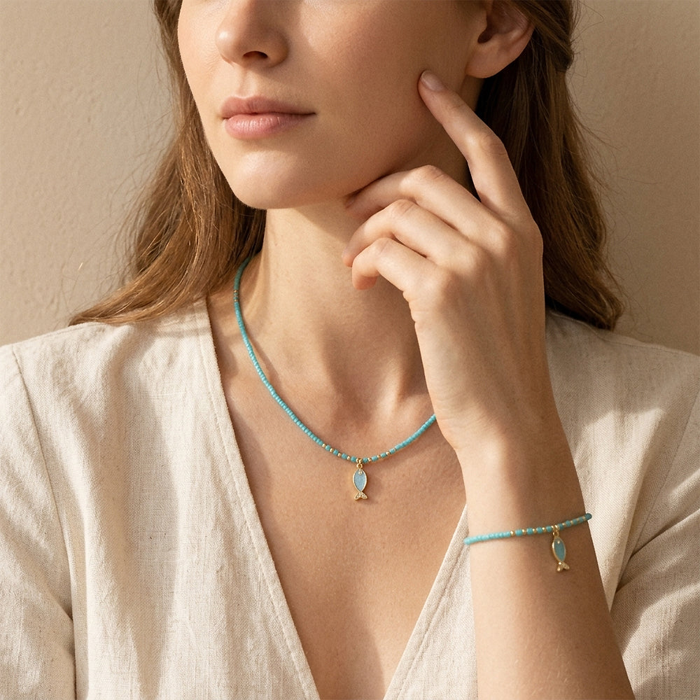 Handmade Brass Enamel Fish Pendant Miyuki Beads Elastic Bracelet
