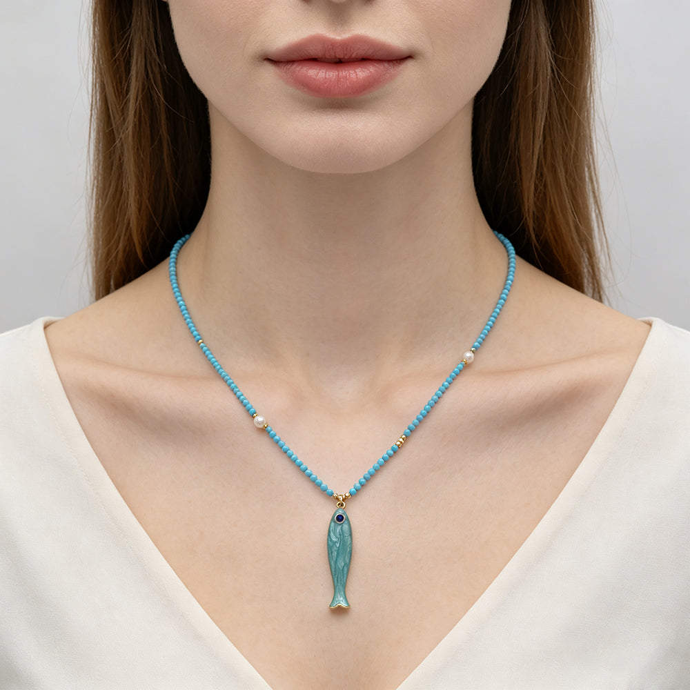 Handmade Natural Turquoise Amazonite Tourmaline Black Spinel Beads Fish Enamel Pendant Necklace