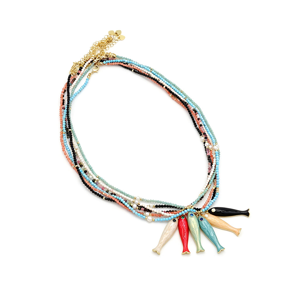 Handmade Natural Turquoise Amazonite Tourmaline Black Spinel Beads Fish Enamel Pendant Necklace