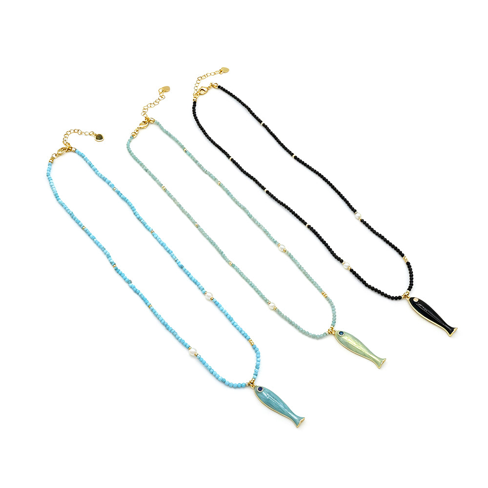 Handmade Natural Turquoise Amazonite Tourmaline Black Spinel Beads Fish Enamel Pendant Necklace