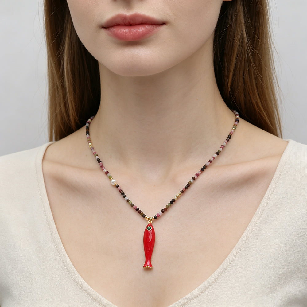 Handmade Natural Turquoise Amazonite Tourmaline Black Spinel Beads Fish Enamel Pendant Necklace