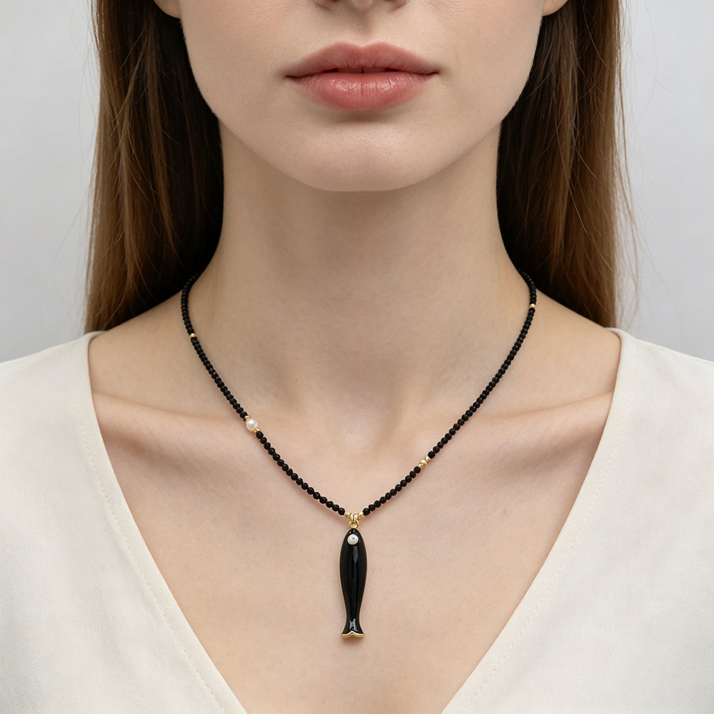 Handmade Natural Turquoise Amazonite Tourmaline Black Spinel Beads Fish Enamel Pendant Necklace
