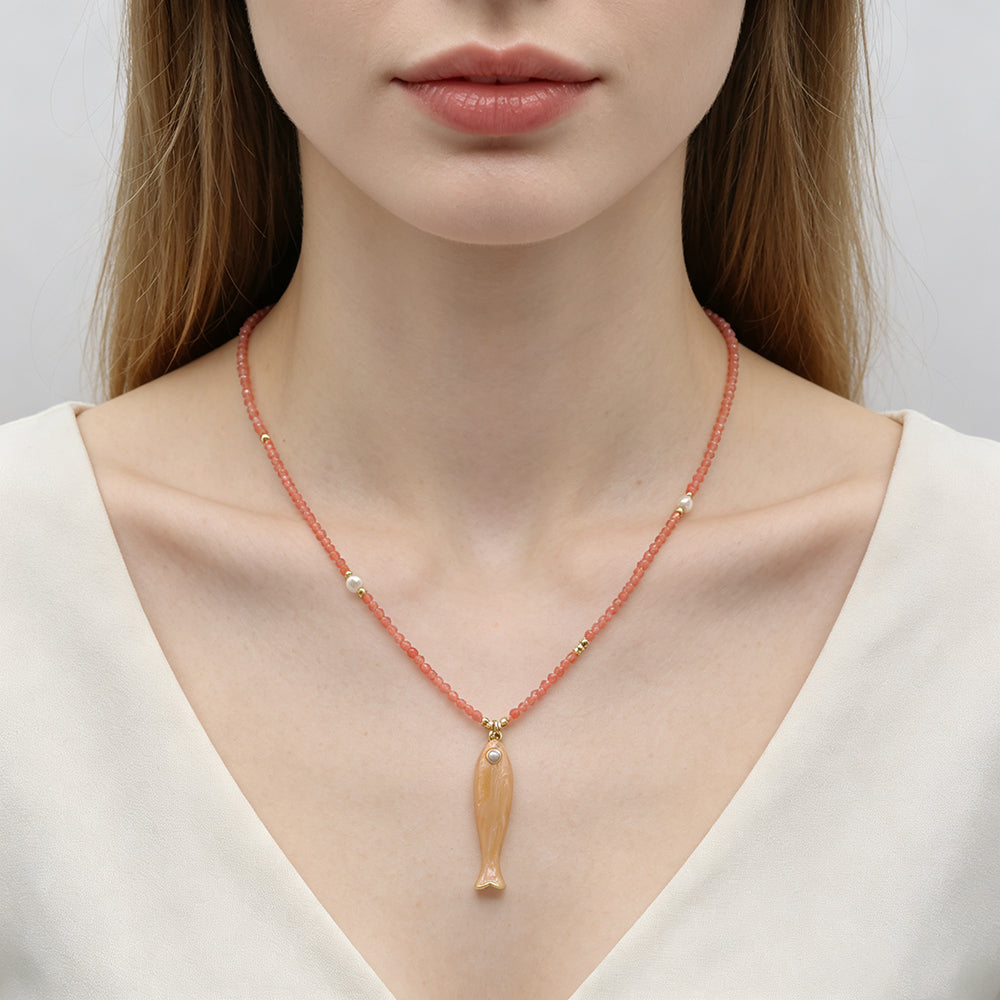 Handmade Natural Turquoise Amazonite Tourmaline Black Spinel Beads Fish Enamel Pendant Necklace