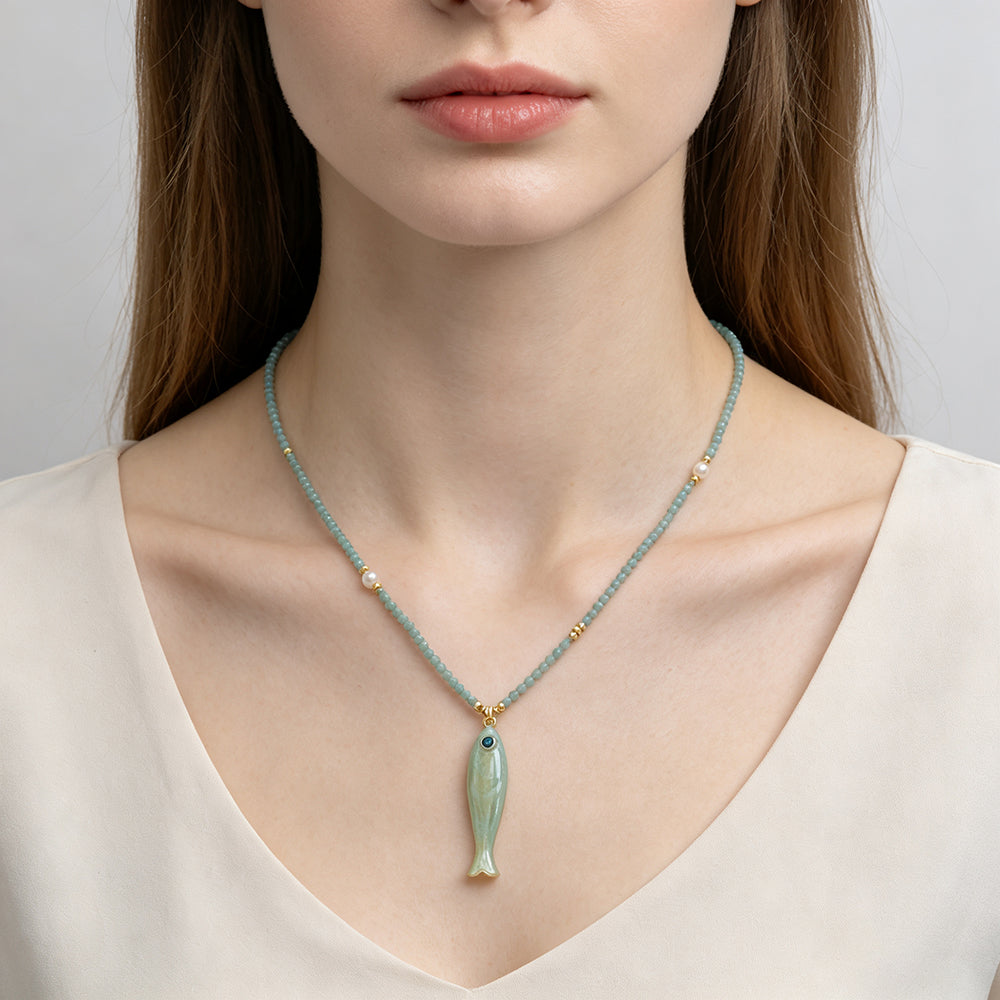 Handmade Natural Turquoise Amazonite Tourmaline Black Spinel Beads Fish Enamel Pendant Necklace