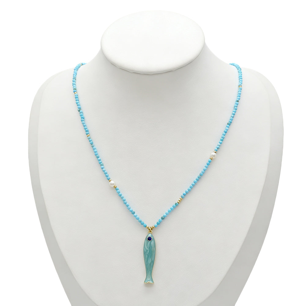 Handmade Natural Turquoise Amazonite Tourmaline Black Spinel Beads Fish Enamel Pendant Necklace