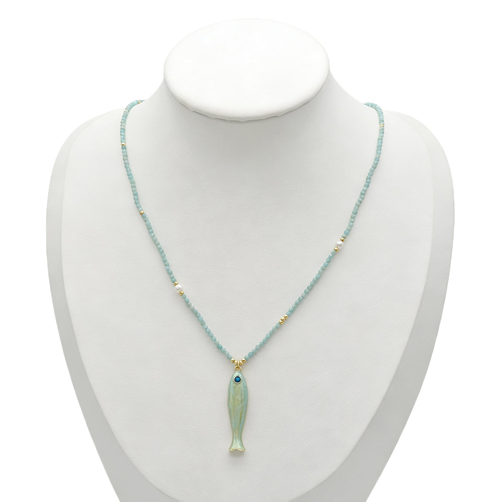 Handmade Natural Turquoise Amazonite Tourmaline Black Spinel Beads Fish Enamel Pendant Necklace