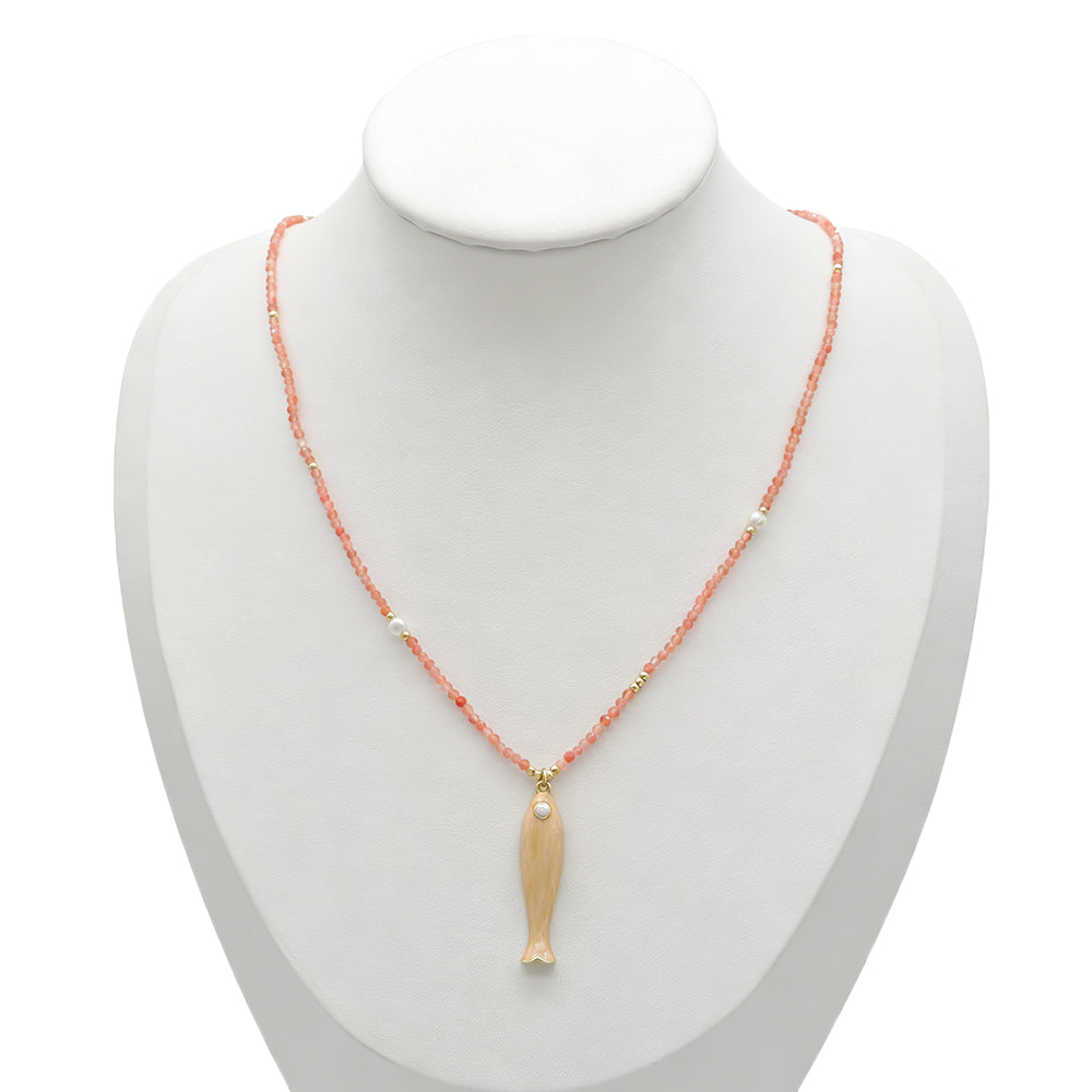 Handmade Natural Turquoise Amazonite Tourmaline Black Spinel Beads Fish Enamel Pendant Necklace