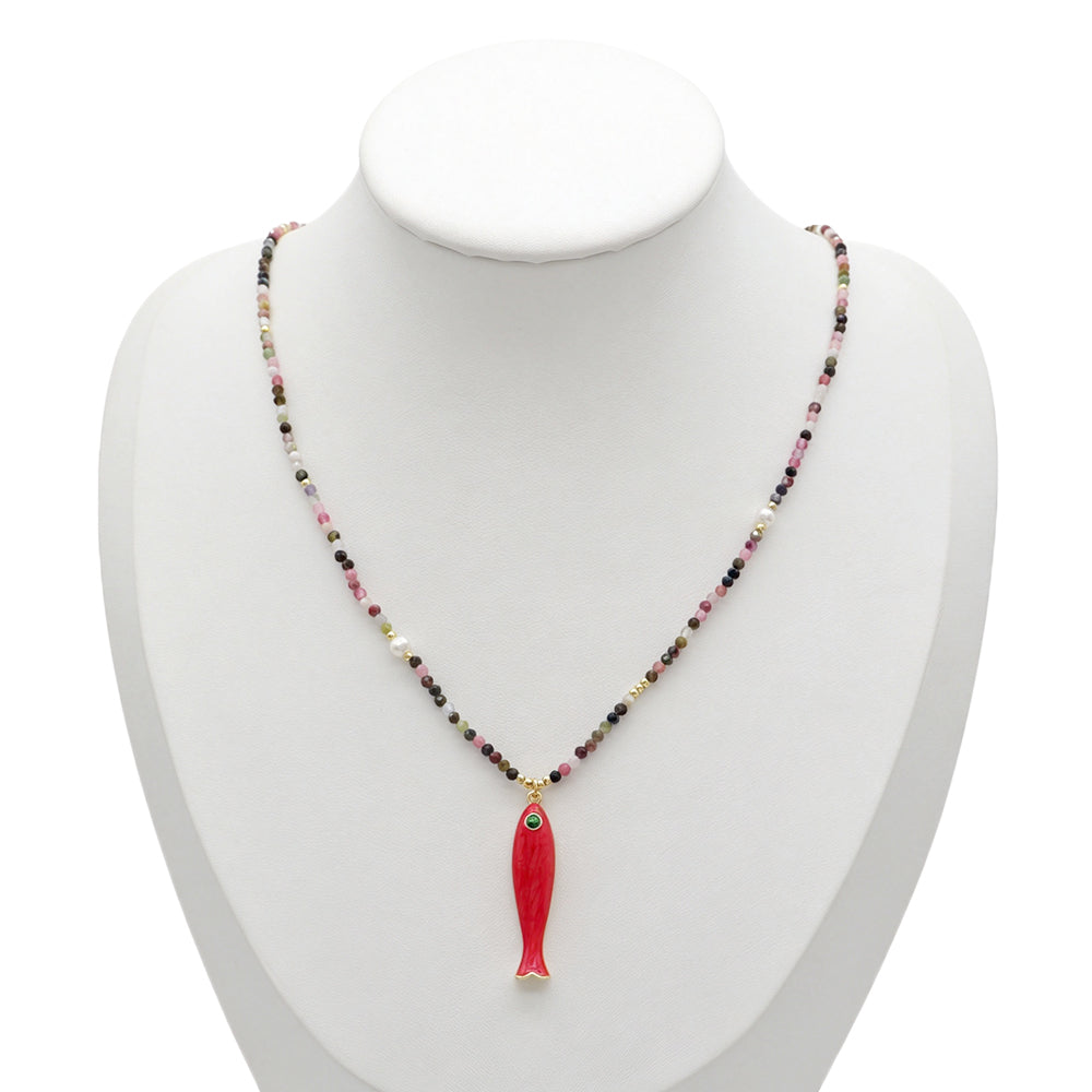 Handmade Natural Turquoise Amazonite Tourmaline Black Spinel Beads Fish Enamel Pendant Necklace
