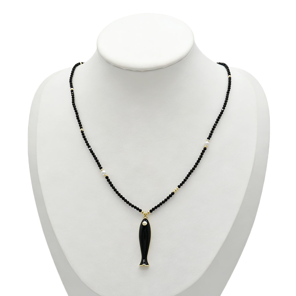 Handmade Natural Turquoise Amazonite Tourmaline Black Spinel Beads Fish Enamel Pendant Necklace