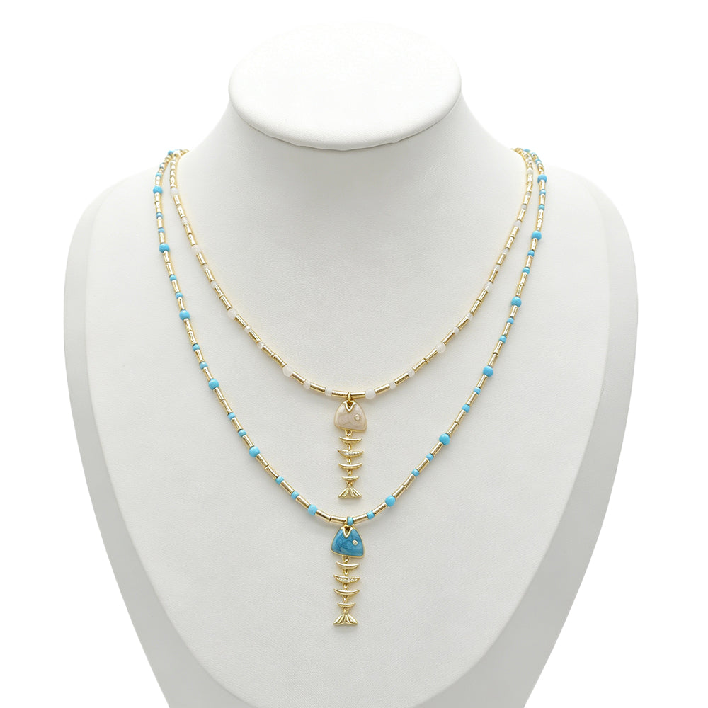 Handmade Natural Turquoise Blue Moonstone Beads Fish Enamel Pendant Necklace