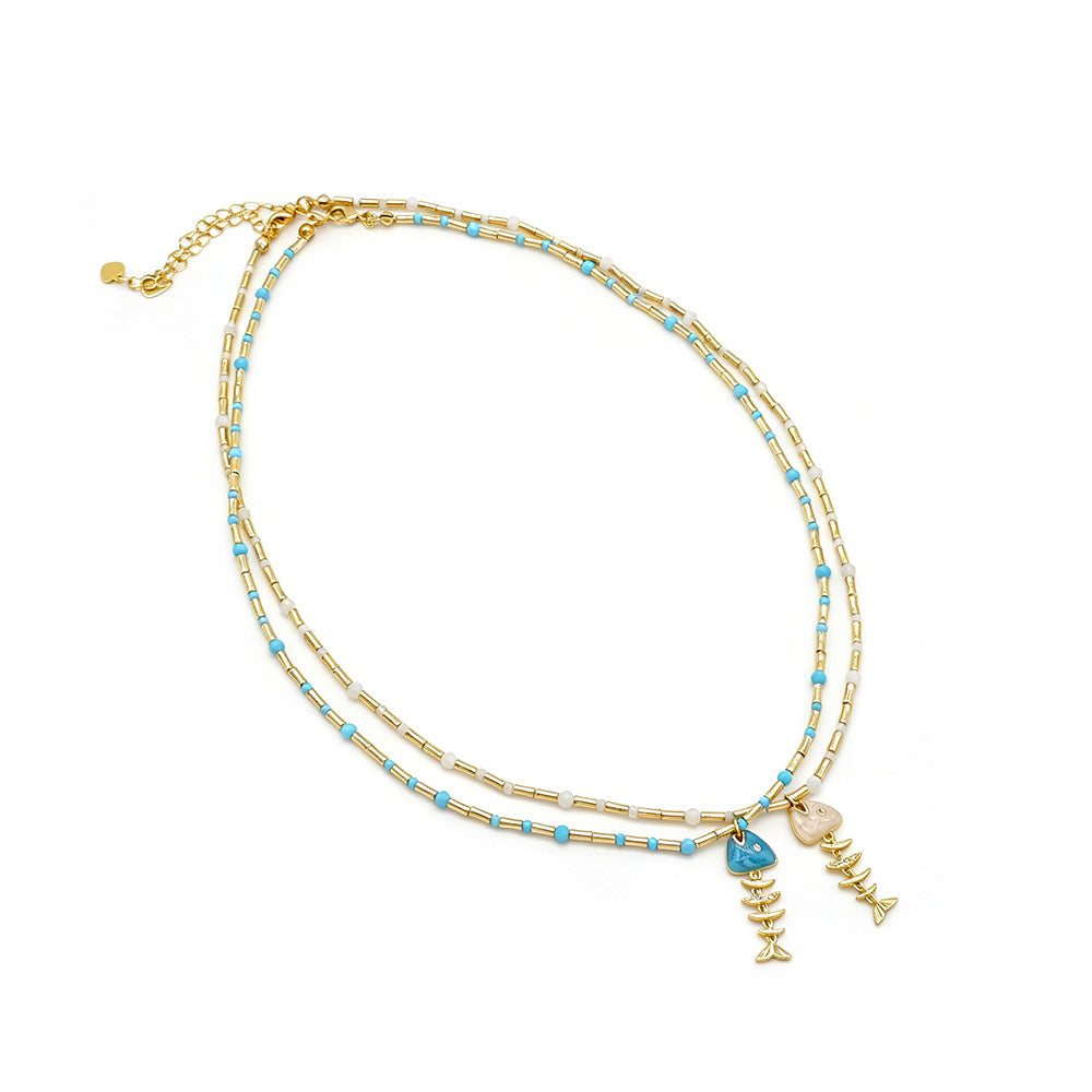 Handmade Natural Turquoise Blue Moonstone Beads Fish Enamel Pendant Necklace