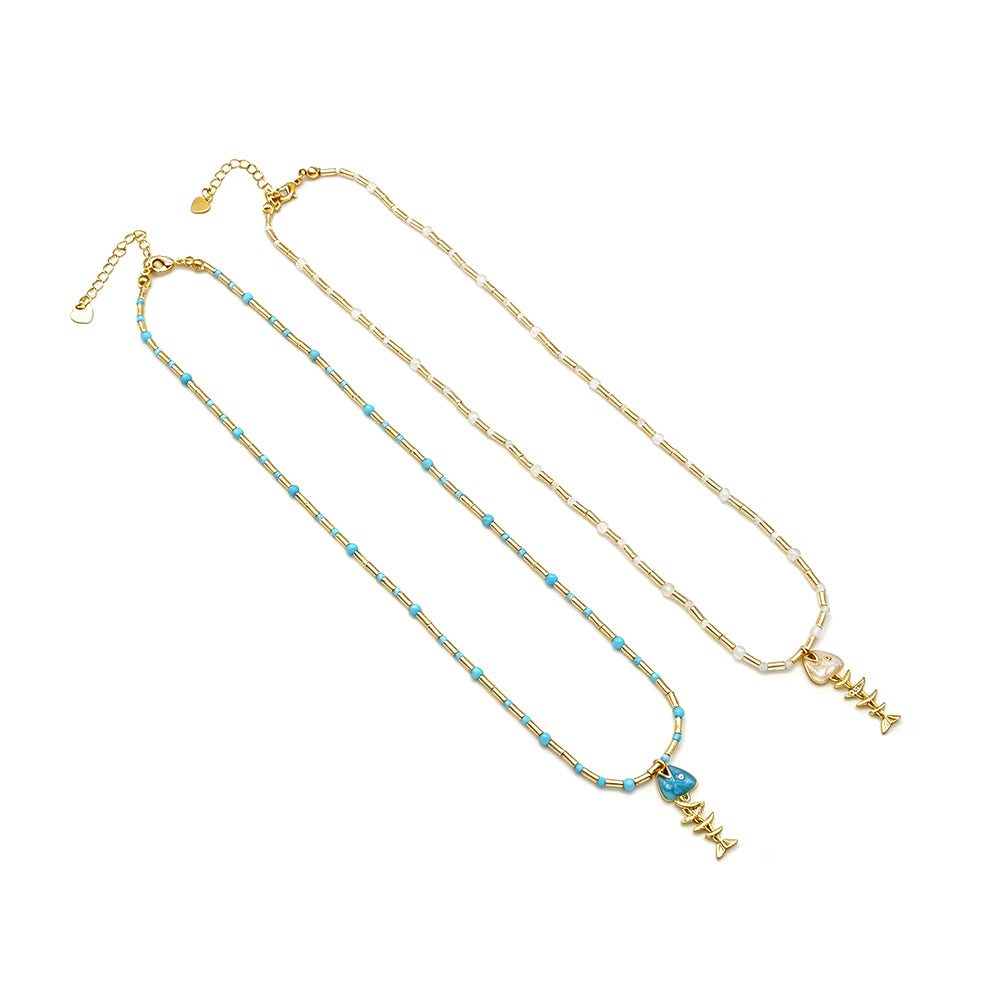 Handmade Natural Turquoise Blue Moonstone Beads Fish Enamel Pendant Necklace